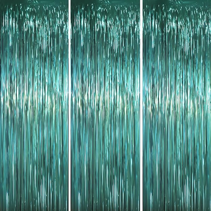 3.3 x 6.6 ft Foil Fringe Backdrop Curtains, Tinsel Streamers Party Decorations, Fringe Backdrop for Birthday, Baby Shower, Gender Reveal, Graduation (3, Retro Green)
