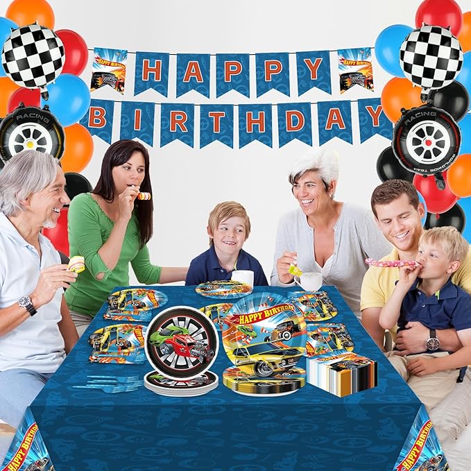 127Pcs Wheels Race Car Birthday Party Supplies Race Cars Plates Napkins Tablecloth with Racing Car Banner Monster Truck Wheels Checkered Balloons Racing Signs Decorations