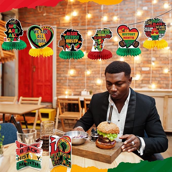 Pickmesh 12 Pieces Black History Month Party Decorations 3D Black History Honeycomb Centerpieces Table Decor African American BHM Festival Decorations Table Toppers for Party Supplies