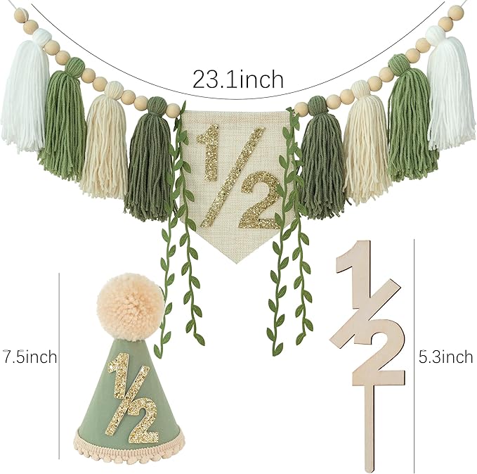 1/2 Birthday High Chair Banner For Half Way To One Party Decorations Wood Bead Tassel Garland Green Crown Hat Wooden Cake Topper Happy Half Year Party Photoshoot Props