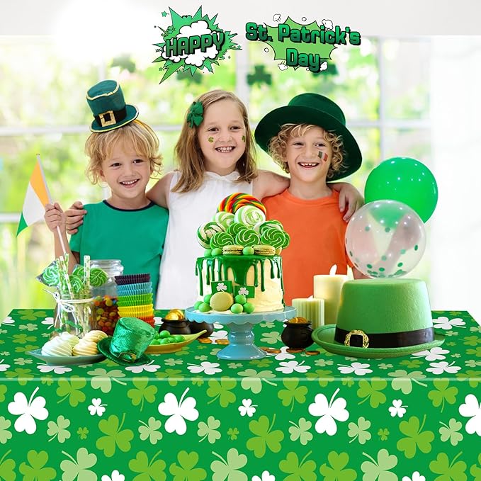 2 Pack St Patrick's Day Tablecloth - Green Shamrock Table Cloth, Plastic Disposable Rectangle Luck Irish Clover Table Cover for Saint Patrick Day Table Decorations and Party Decor, 108 x 54 Inch