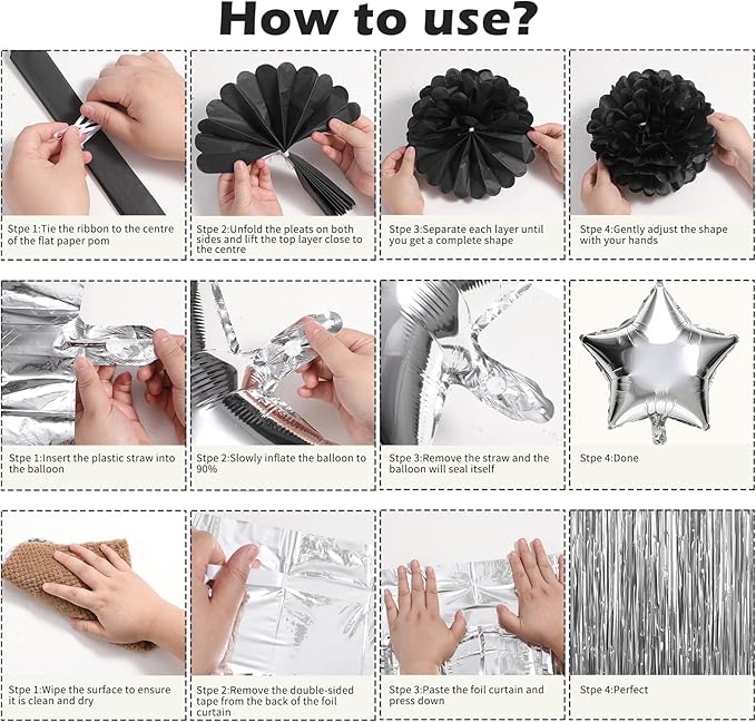 Black and Silver Birthday Decorations for Men, Happy Birthday Party Decorations, Happy Birthday Banner, Balloons, Foil Fringe Curtains, Tissue Paper Pompoms, Star Garland, Party Decor