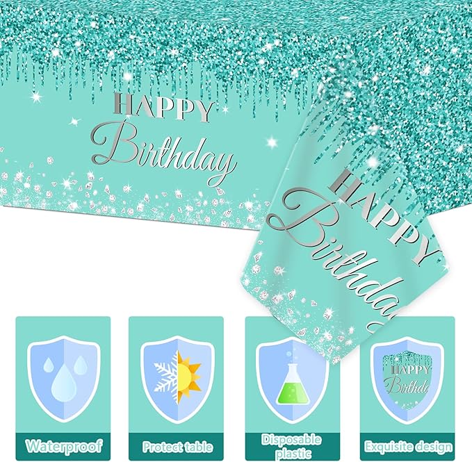3 Pieces Teal and Silver Birthday Tablecloths for Happy Birthday Party Decorations Plastic Disposable Breakfast Blue Theme Table Covers for Girls Women Silver GlitterParty Supplies, 54 x 108 Inches