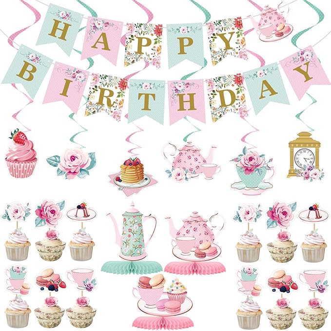 Zonon 40 Pcs Tea Party Birthday Decoration Set with Happy Birthday Banner, Cupcake Toppers, Table Centerpieces, Hanging Swirls Tea Party Supplies for Women Spring Floral Hanging Decor for Baby Shower