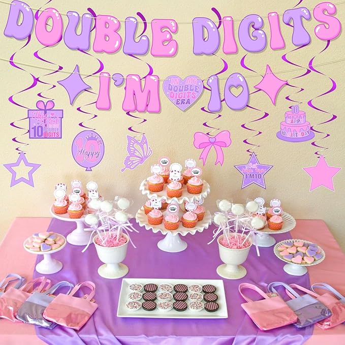 Pre-Strung 10th Birthday Decorations for Girls, NO DIY Double Digits I’M 10 Banner, Cheers to 10 Year Party Supplies, Hanging Swirls