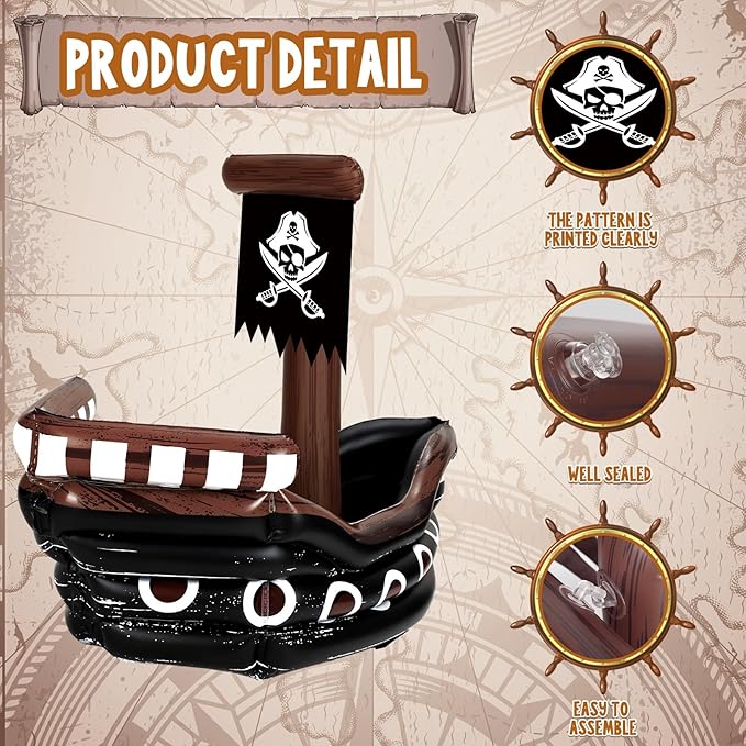 Zhanmai Inflatable Pirate Ship Drink Cooler Inflatable Serving Bar Food Container for Summer Carniva Mardi Gras Pirate Birthday Party Favor Supplies Decorations(Black,Classic)
