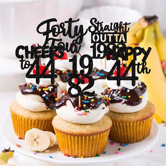 30PCS Black 44th Birthday Cupcake Toppers Glitter Forty Four Happy 44th Straight Outta 1982 Cupcake Picks for Cheers to 44 Years Birthday Wedding Anniversary Party Cake Decorations Supplies