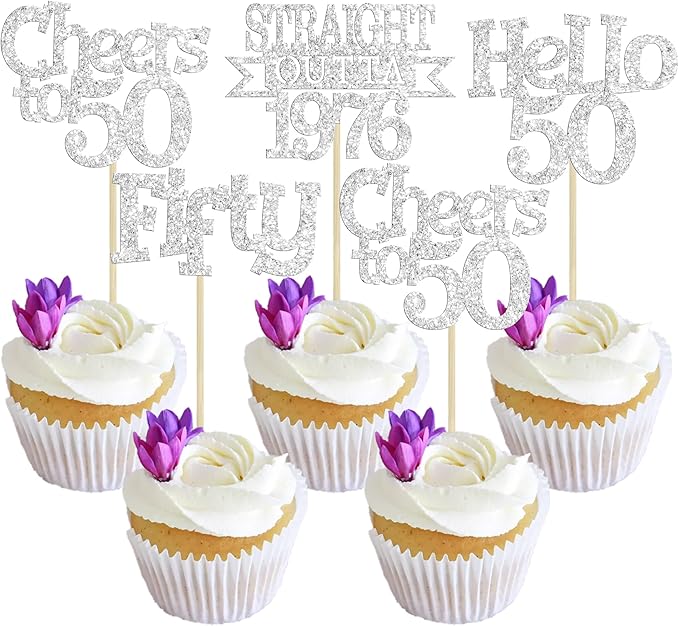 Ephlyn 24Pcs Happy 50th Birthday Cupcake Toppers Glitter Straight Outta 1976 Cupcake Picks Hello 50 Cheers to 50 Years Birthday Cake Decorations for 50th Birthday Anniversary Party Supplies Silver