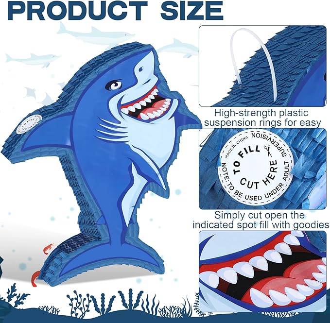 Capoda Shark Piñata Large Shark Shaped Piñata with Blindfold and Stick for Birthday Party Baby Shower Summer Ocean Under the Sea Theme Party Supplies Decor