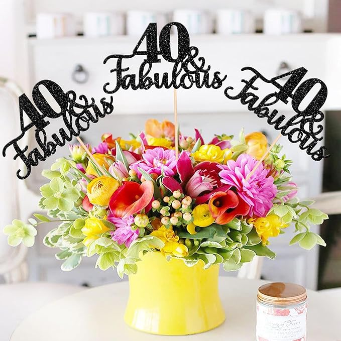 12 PCS 40 and Fabulous Centerpiece Sticks Double Sided Happy 40th Birthday Table Flower Centerpieces Sticks Cheers to 40 Floral Decorations for 40th Birthday Anniversary Party Supplies Black