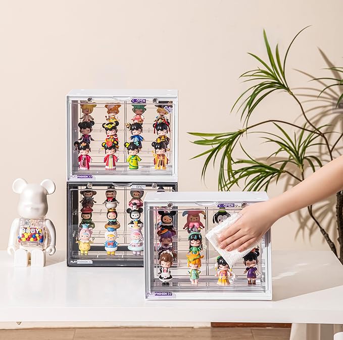Clear Display Case for Figures, 3 Tier Adjustable Display Stand, Acrylic Display Box with Magnetic Door, Dustproof Showcase for Collectibles Mini Funko Pop Popmart Action Figures (Ivory-2 Pack)