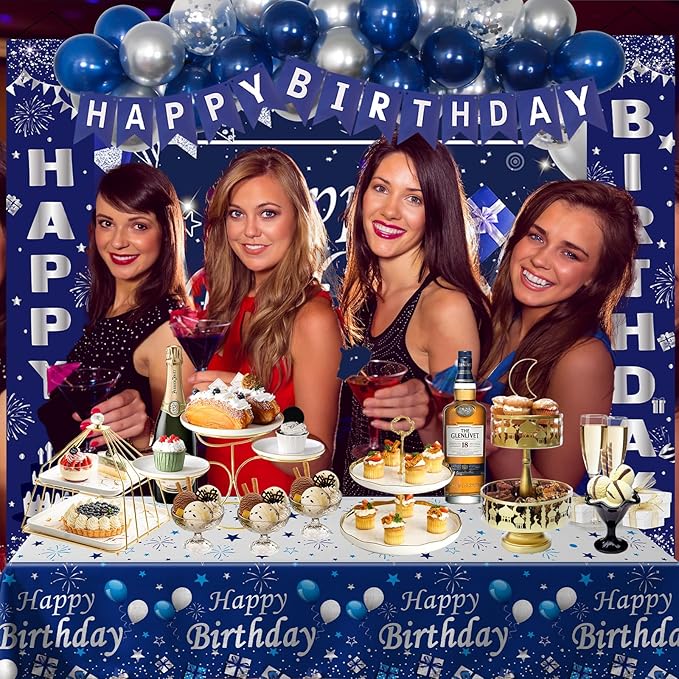 Blue Birthday Decorations, 37 PCS Blue and Silver Party Decorations for Men Boys Women Girls, Happy Birthday Backdrop Banner Tablecloth Party Supplies Confetti Balloons Arch