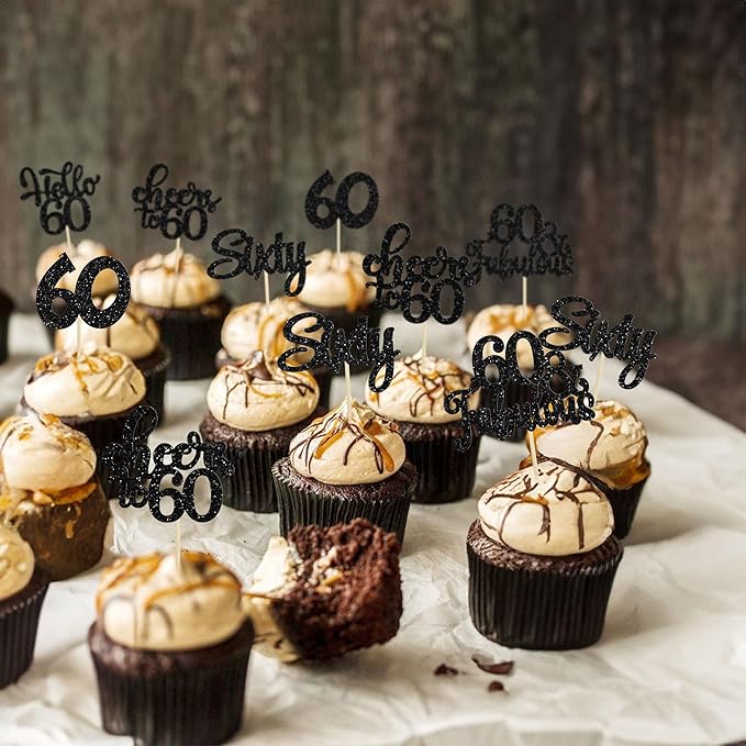 30pcs Happy 60th Birthday Cupcake Toppers - Black Glitter Sixty Cake Toppers - Cheers to 60 Years Old Cupcake Picks for Anniversary Party Cake Decorations