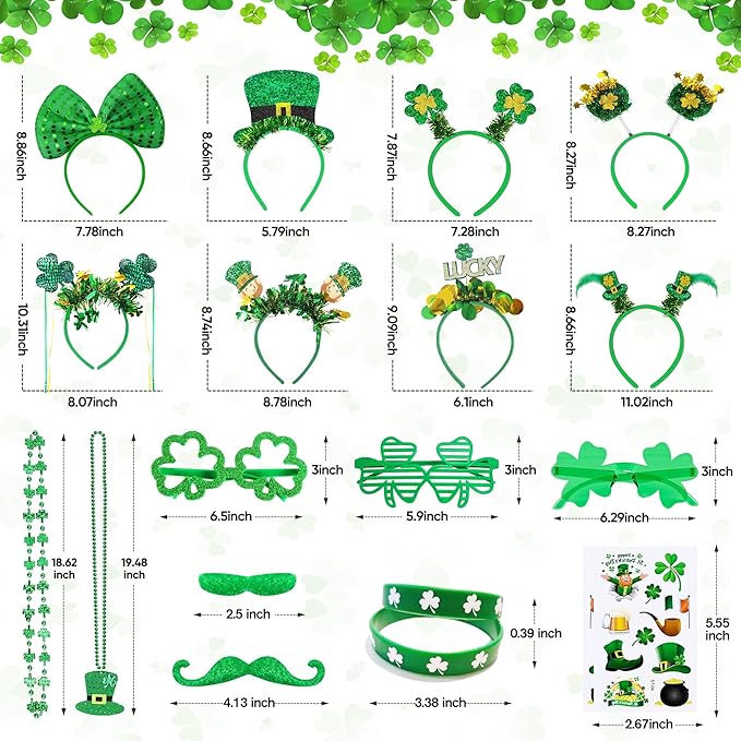 146 PCS St. Patrick's Day Accessories Party Favor Set, Shamrock Headbands, Clover Glasses, Bead Necklaces, Rubber Bracelets, Temporary Tattoos & Mustaches, Irish Green St Patrick’s Day Party Supplies