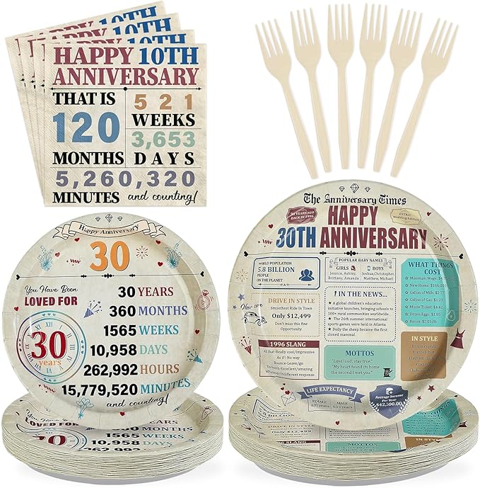96Pcs 30th Anniversary Party Decorations Retro 30 Years Wedding Aday Plates and Napkins Happy 30th Anniversary Disposable Tableware Set for Vintage 30 Year Wedding Party Supplies Serves 24
