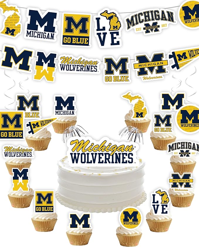 Michigan Party Supplies for Football, Birthday Gift, U of M Graduation Party Banner and Cake Toppers (42 Pieces) (Michigan Wolverines)