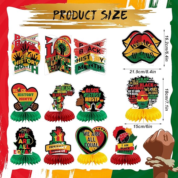 Pickmesh 12 Pieces Black History Month Party Decorations 3D Black History Honeycomb Centerpieces Table Decor African American BHM Festival Decorations Table Toppers for Party Supplies