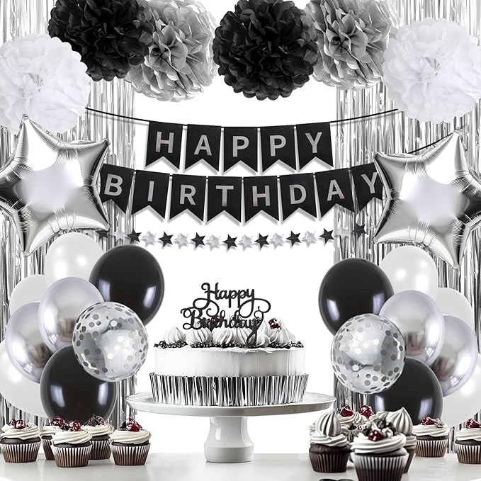 Black and Silver Birthday Decorations for Men, Happy Birthday Party Decorations, Happy Birthday Banner, Balloons, Foil Fringe Curtains, Tissue Paper Pompoms, Star Garland, Party Decor