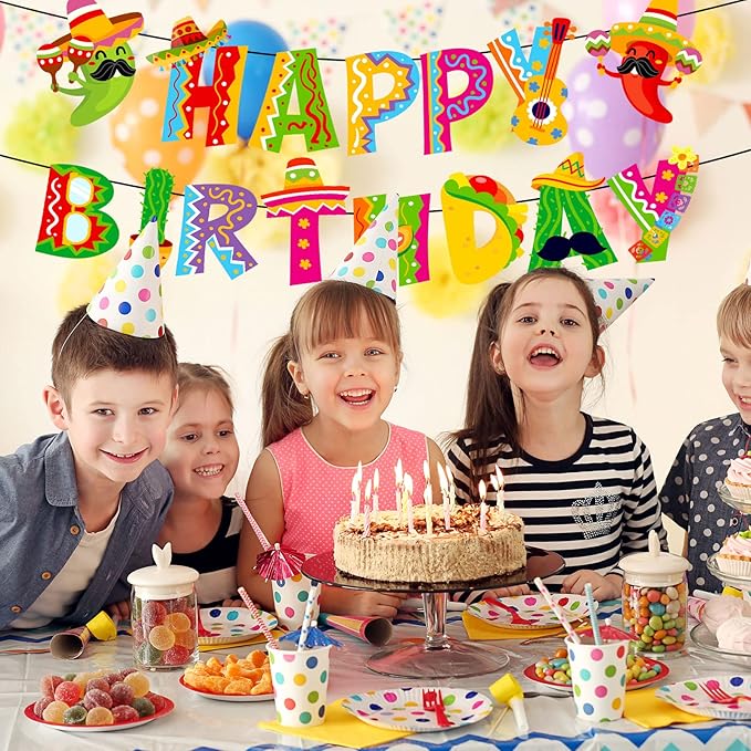 Whaline 2Pcs Mexican Happy Birthday Banner Colorful Mexican Fiesta Birthday Bunting Garland Cinco De Mayo Taco Paper Banner Pre-Assembled for Mexican Carnival Birthday Hanging Decor Party Supplies