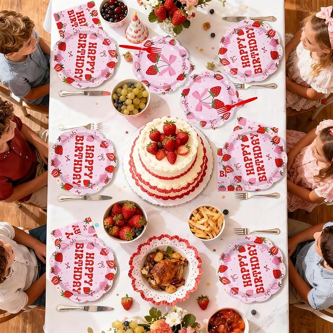 96 Pcs Pink Strawberry Birthday Party Decorations Scalloped Sweet Bow Berry Plate and Napkin Disposable Fruit Berry Tableware Set for Birthday Baby Shower Girls Party Supplies Serve 24