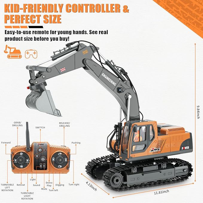 RC Excavator Toy for Boys 3-12, 3-IN-1 Bucket/Claw/Drill, 2.4GHz 14 Channel Construction Truck with 680°Rotating, 2400mAh Battery/LED Lights/Realistic Sounds, Durable Engineering Vehicle Gift for Boys