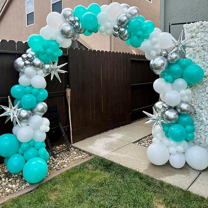 Teal Blue and Silver Balloons, 60 Packs 12Inch Teal and Metallic Silver Balloons, Teal Blue White Silver Confetti Balloon with Ribbons for Wedding Baby Bridal Baby Shower Birthday Party Decoration