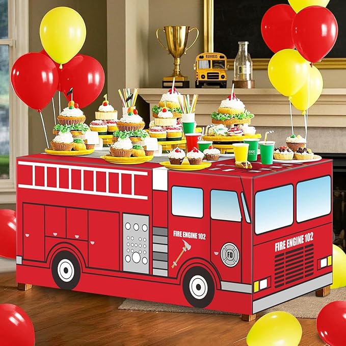Cumule 6 Ft Fire Truck Tablecloths Fire Theme Table Cover Fire Engine Birthday Party Decorations Washable Polyester Rectangle Table Cover Decor for School Back to School Party Decorations