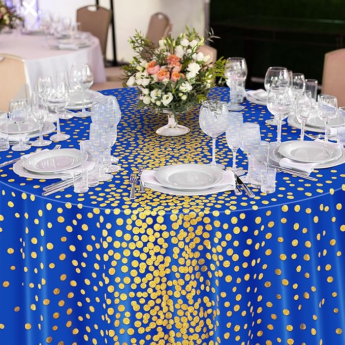 VitalCozy Round Dot Tablecloth 84 Inch Plastic Table Cover Polka Dot Confetti Tablecloths for Easter 2026 Graduation Prom Wedding Birthday Spring Party Supplies(Blue and Gold,6 Pcs)