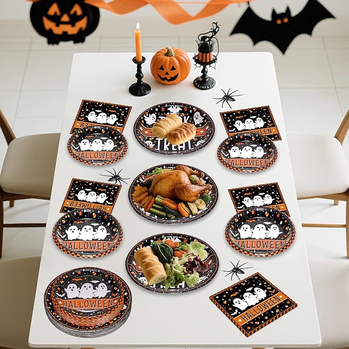 150 Pcs Happy Halloween Plates and Napkins Set - Trick or Treat Ghost Paper Tableware, Disposable Dinner Dessert Paper Plates Napkins Kit for Halloween Table Decorations Party Supplies, Serve 50