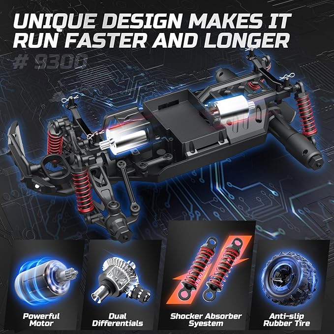 DEERC 9300E Remote Control Car High Speed RC Cars for Kids Adults 1:16 Scale 40 KM/H 4WD Off Road Monster Trucks,2.4GHz All Terrain Toy Trucks with 2 Rechargeable Battery
