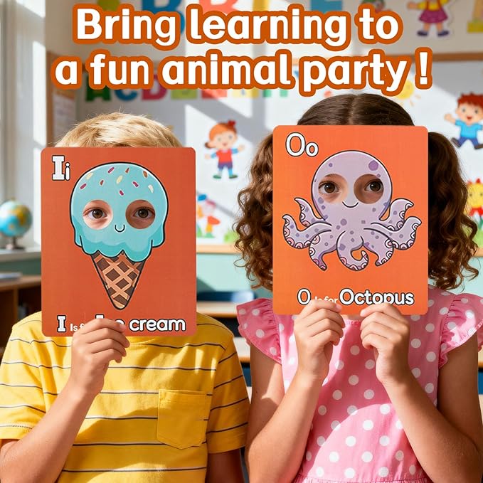 26pcs Alphabet Flash Cards, Giant ABC Mask Cards for Toddlers 1-3 with Animal Faces Uppercase & Lowercase Letter Flashcard Interactive Education Learning Games for Kids Preschool Kindergarten Baby