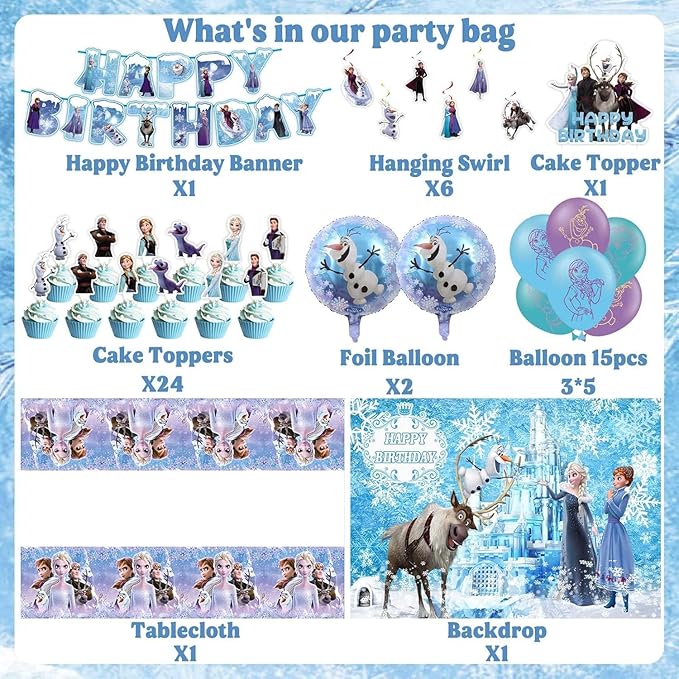 51Psc For Frozen theme party setup, easy to assemble decorations, including children's DIY cake toppers and background cloth sets, perfect for children's birthday parties.