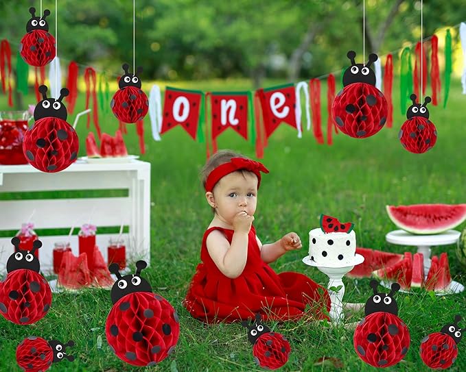 Amyhill 12 Pcs Large Ladybug Birthday Party Decorations Hanging 3D Ladybug Honeycomb Centerpieces Table Toppers Decoration for Birthday Baby Shower Party Supplies