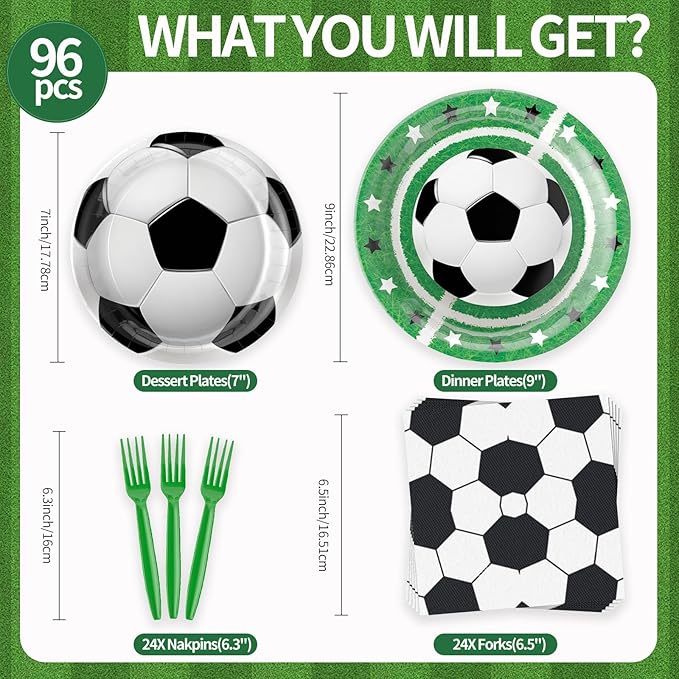 96Pcs Soccer Plates and Napkins Party Supplies- Sports Birthday Paper Plates Napkins Forks Dinnerware Soccer Ball Party Decor for Soccer Fans Baby Shower Boys Girls Birthday Gatherings Serves 24