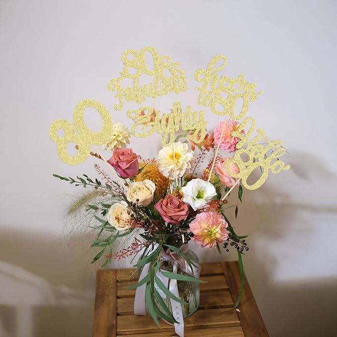 Gyufise 15Pcs 80th Birthday Centerpiece Sticks Eighty Happy 80th Table Flower Centerpieces Sticks Cheers to 80 Floral Decorations for 80th Birthday Party Centerpieces Supplies Gold