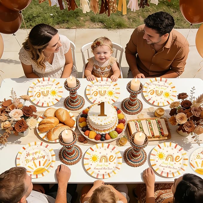 96Pcs First Trip Around the Sun Party Decorations for Girl Boho Sun 1st Birthday Plates and Napkins Sets The Sunshine Number 1 Birthday Decorations for Boho Boys One Year Old Party Supplies Serves 24