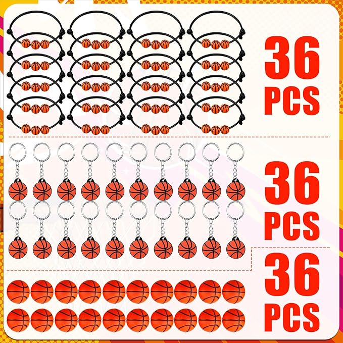 Nosiny 108 Pcs Basketball Party Favors Bulk Basketball Keychain Gifts Stress Balls Charm Bracelets 36 Pieces Each for Team Birthday Party Supplies