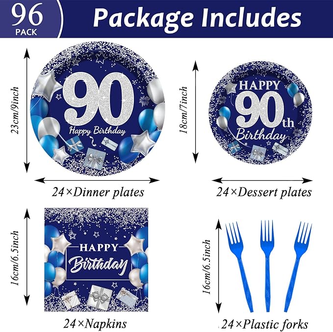 96 Pcs 90th Birthday Party Supplies Navy Blue and Silver Birthday Plates 90th Birthday Paper Tableware Happy Birthday Party Plates and Napkins Forks Blue Birthday Table Decorations for 24 Guests