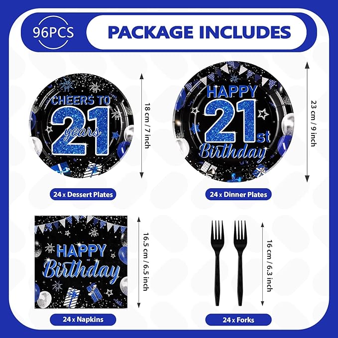 Grencian 96Pcs 21st Birthday Decorations Blue Black 21st Birthday Plates and Napkins Cheers to 21 Tableware Set for 21 Years Old Boys Girls Legal Birthday Celebration Party Supplies, Serves 24