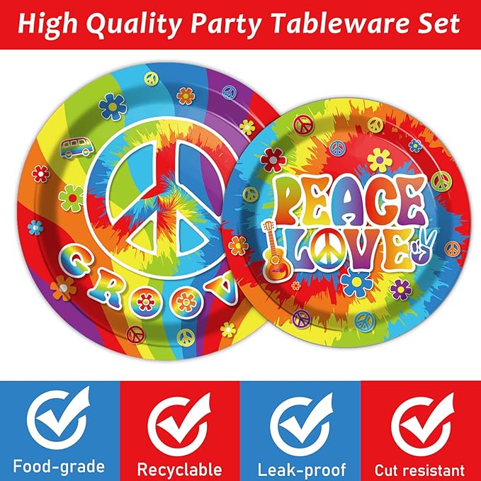 96 PCS 60’s Party Hippie Tableware Set Groovy Plates Napkins 60s Hippie Themed Decorations Peace Love Tie Dye Style 70s Disposable Paper Tableware Birthday Party Supplies Favor for 24 Guests