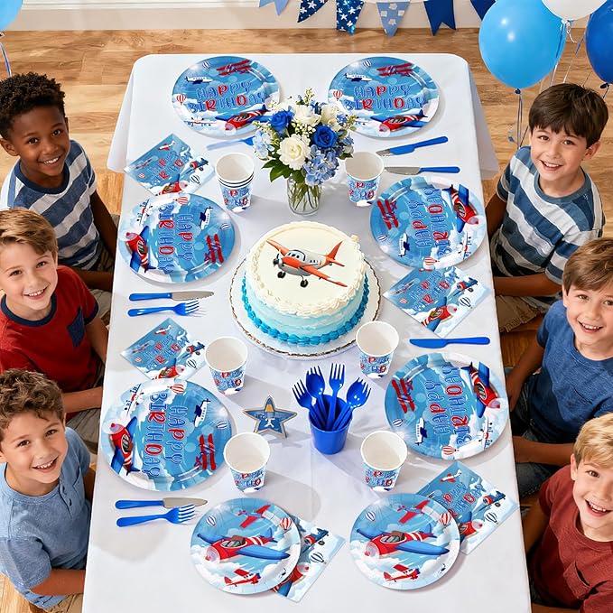 168Pcs Airplane Birthday Party Supplies Red and Blue Airplane Plates Napkins Cups Little Explorer Tableware Sets Pilot Plane Theme Decorations for Baby Shower Birthday Party Decorations Serves 24