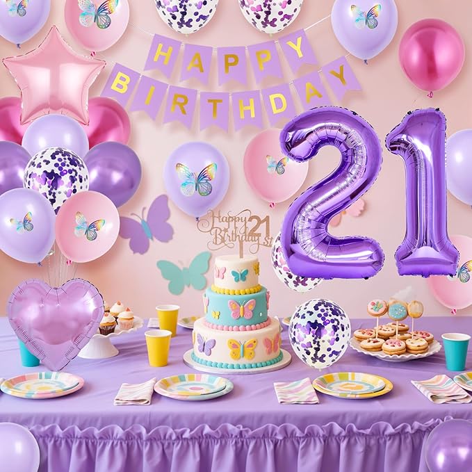 21st Purple Birthday Decorations,Pink Purple 21st Birthday Balloons for Women Butterfly Party Decor with Number 21 Balloons Cake Topper Butterfly Party Supplies for Girls 21st Party Decorations