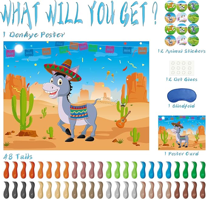 Morcheiong Pin The Tail on The Donkey Game with 48 Tails, Mexican Fiesta Party Favors Supplies Decorations, Birthday Party Game for Kids