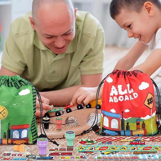 TOQI 98 Pcs Train Party Favors,Train Print Party Supplies Include Stickers Stamps Keychains Slap Bracelets and Drawstring Bags Party Decorations for Kids TrainTheme Birthday supplies (A-Train)