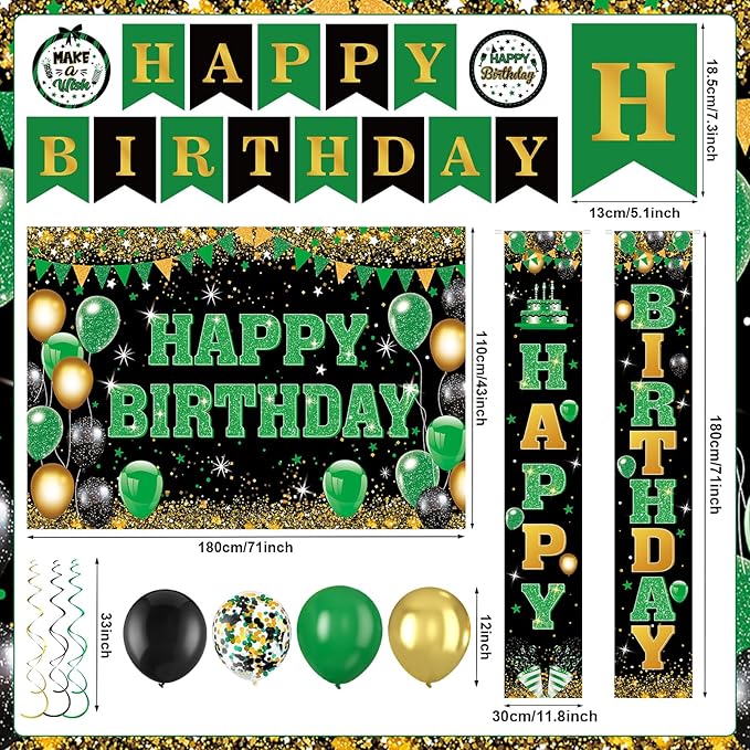 48Pcs Green and Black Birthday Decorations Black Green Gold Happy Birthday Party Supplies Happy Birthday Banner Backdrop Balloons Hanging Swirls for Women Men Boy Girls Birthday St. Patrick Day Party