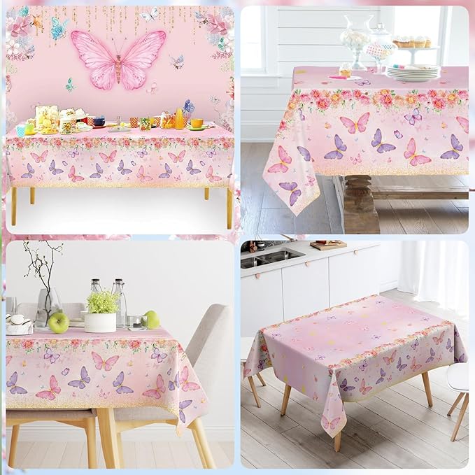 Staraise 3PCS Butterfly Tablecloth,Butterfly Disposable Plastic Table Covers,Watercolor Spring Themed Butterflies Birthday Decorations for Girls Kids Birthday Party,51.2X 86.6inch