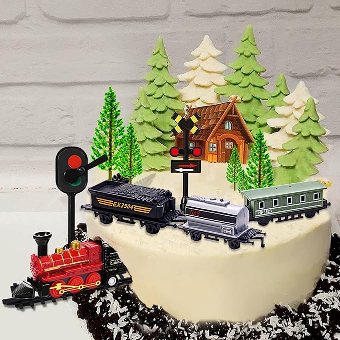 MEMOVAN Train Cake Toppers 13pcs Train Cake Decorations Mini Trains Toy Traffic Track Railway Lights Cake Topper Decorations for Boy's Kids Steam Trains Theme Birthday Party Supplies