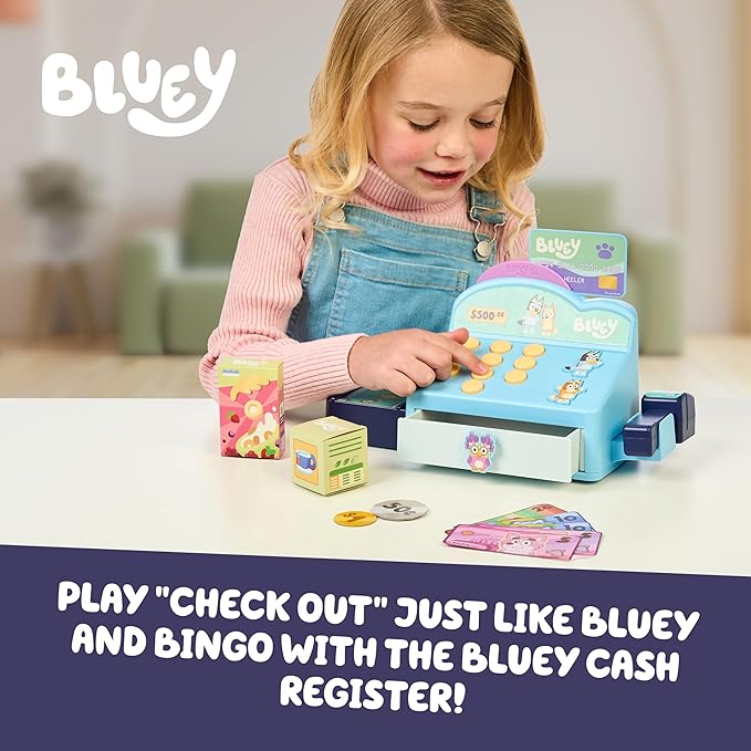 Bluey Cash Register Playset, Interactive Play Register with Detachable Scanner, Toy Credit Card, and Dollar Bucks, Shopping Toys for Kids Ages 3+