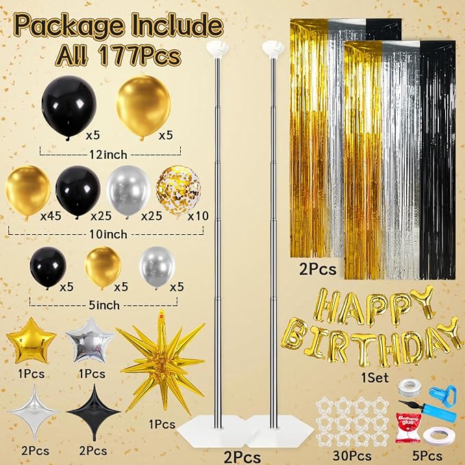Fineclutter Balloon Column Kit Set 2 Tower Stand, Birthday Party Decoration Gold Black Silver Balloons 150PCS