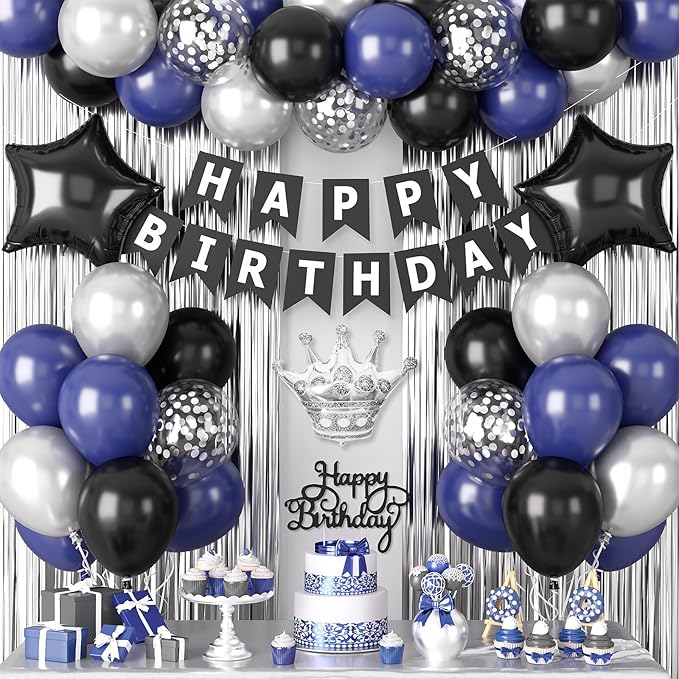 Navy Blue and Black Happy Birthday Decorations for Men, Birthday Decorations Supplies with Blue Black Balloon Banner Fringe Curtains Foil Balloons Cake Topper for Men Boys Party Decor